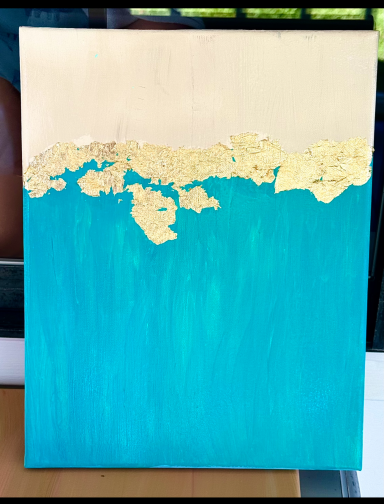 Original Hand-Painted Teal/Blue and Gold abstract with gold accents