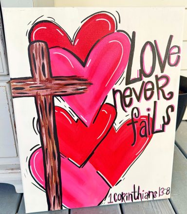 Original Hand-Painted Christian Cross and hearts acrylic artwork