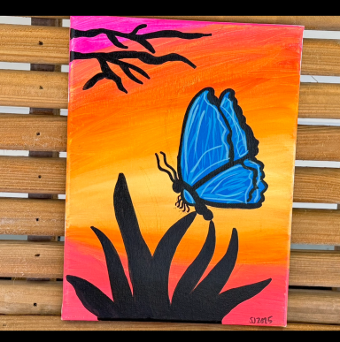 Original Hand-Painted Blue Butterfly at Sunset acrylic artwork