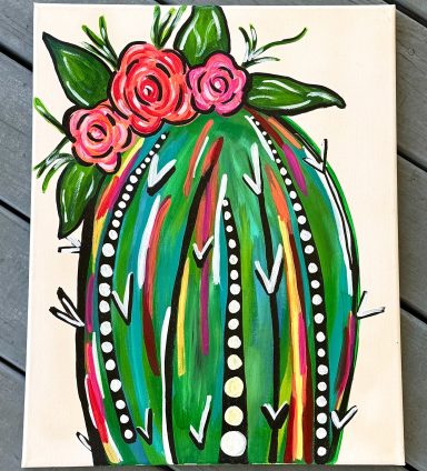 Colorful Hand-Painted Cactus acrylic artwork with a glitter shimmer in a Modern Boho Style