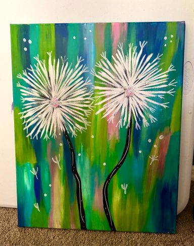 Whispers on the Wind| Original by Shaneah R Original Dandelion acrylic painting with vibrant blue, green and light pink background